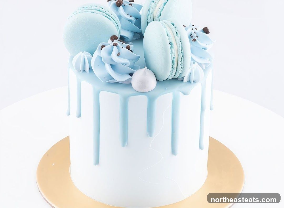 Blue Drip Cake with Macarons