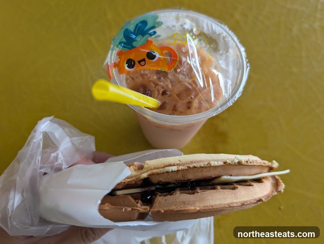 Waffle sandwich and iced drink