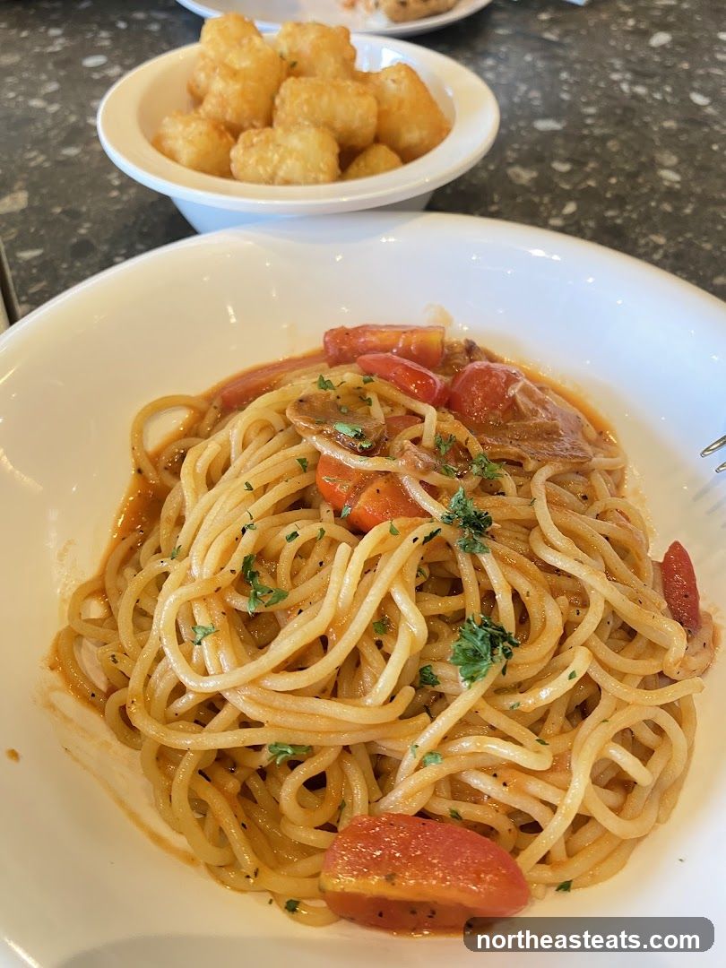 Spaghetti with Tomato Sauce and Tater Tots