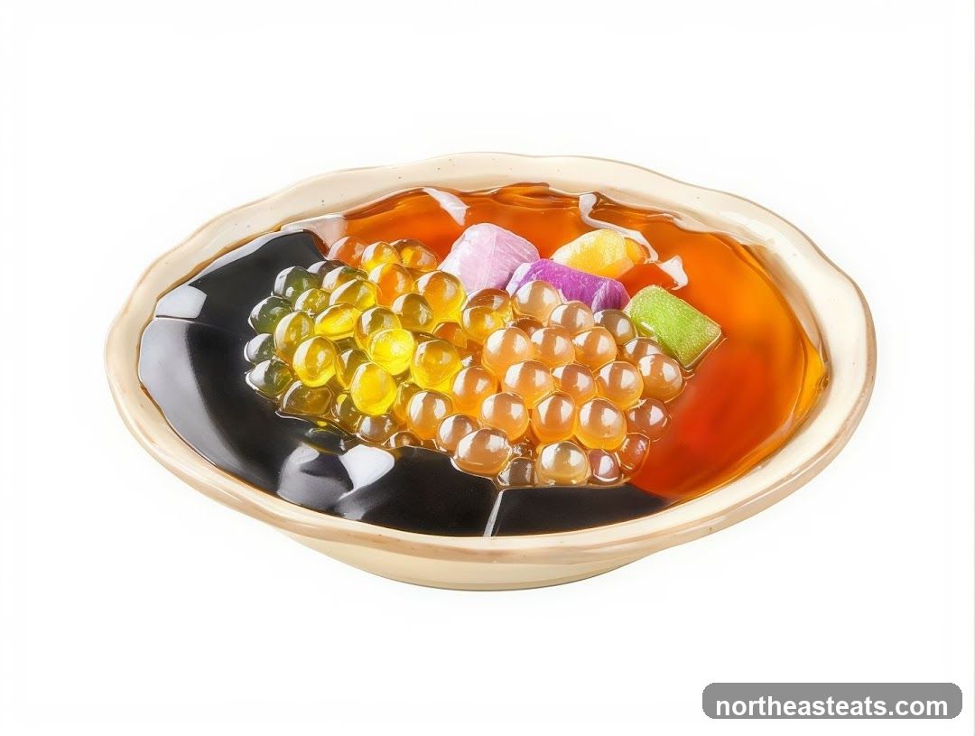 Grass Jelly Dessert with Boba and Fruit