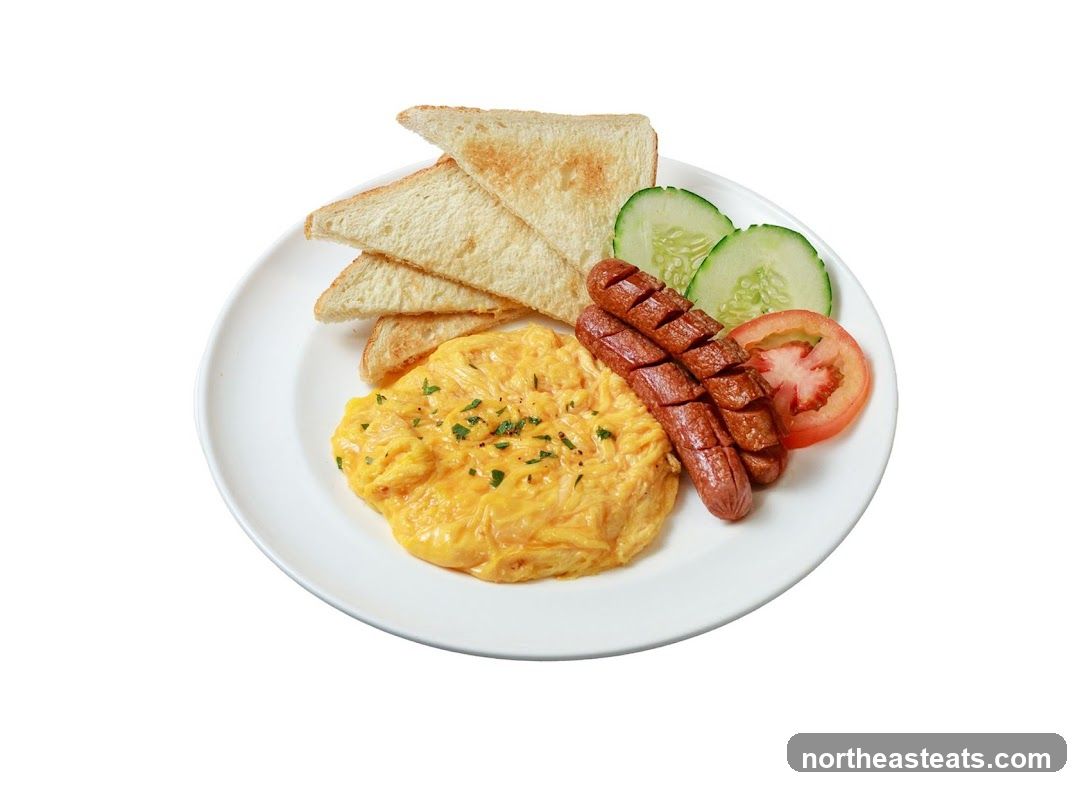 Scrambled Eggs with Sausages and Toast
