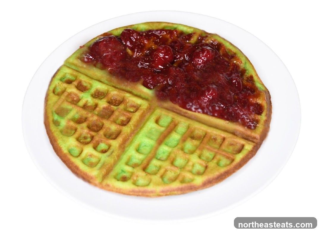 Green Waffle with Strawberry Topping