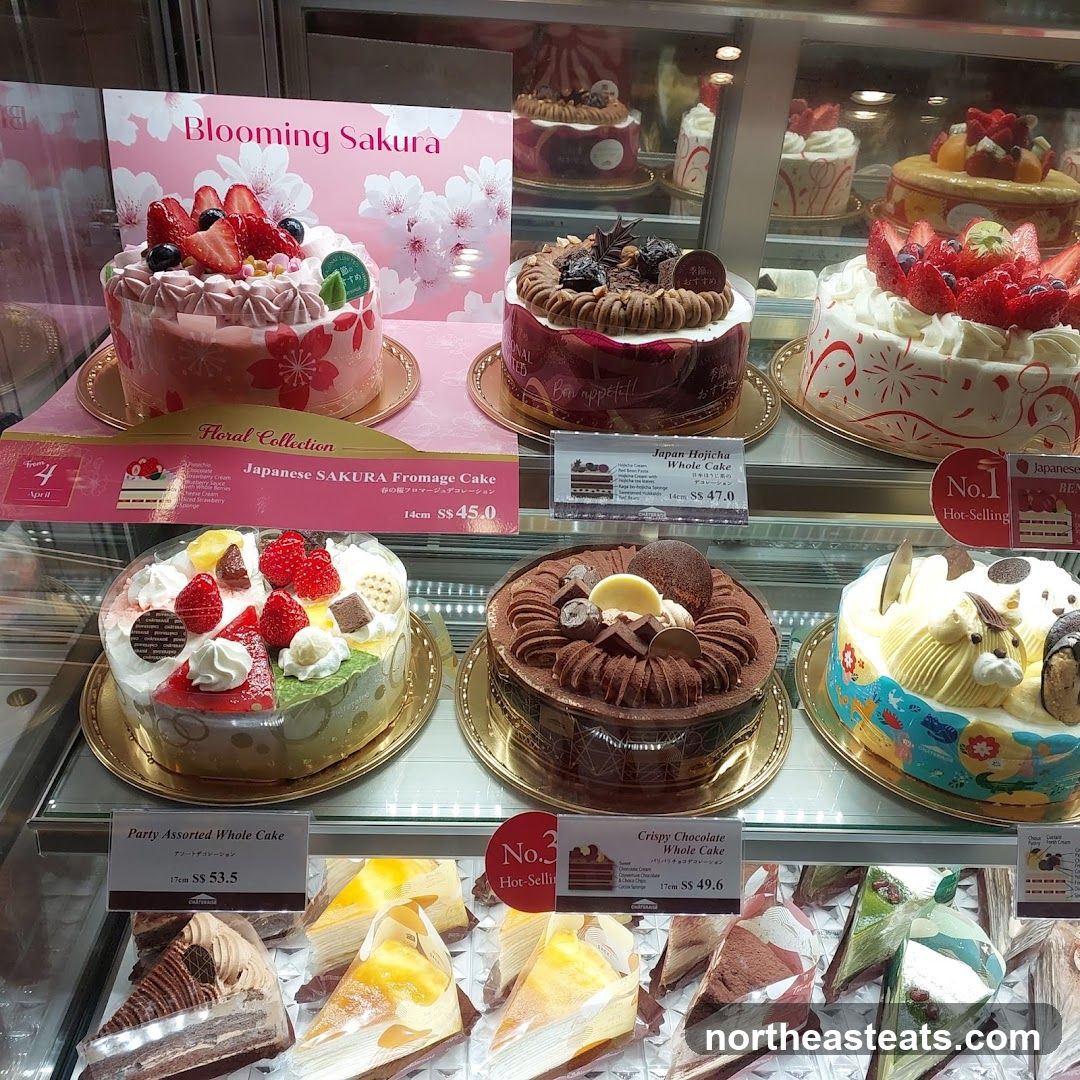 Cakes in a display case