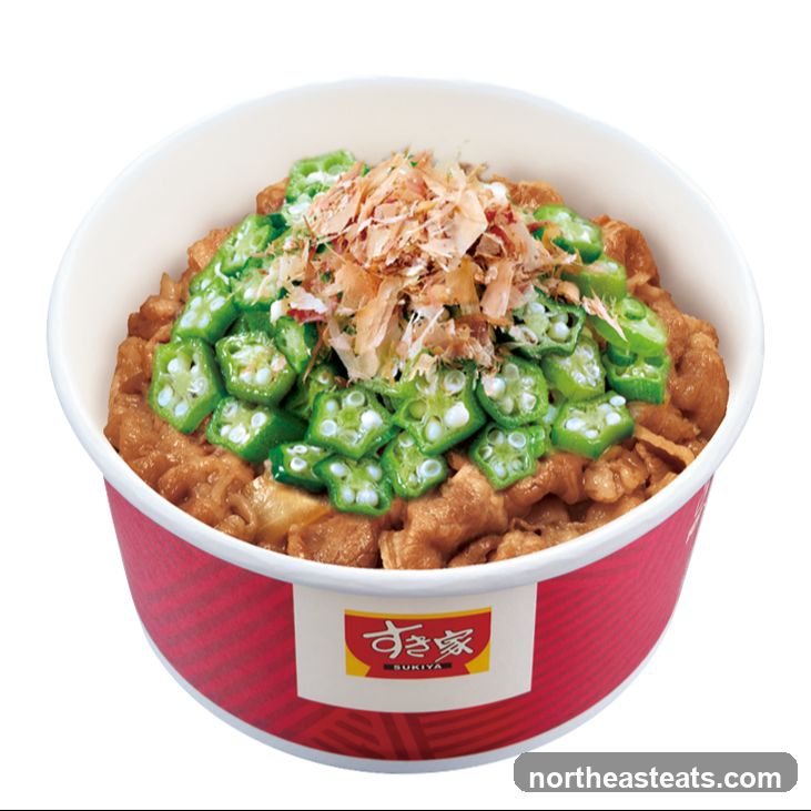 Beef bowl with okra and bonito flakes