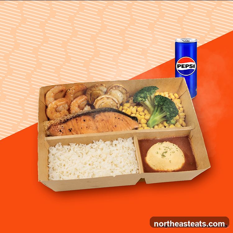 Salmon and Seafood Bento Box with Pepsi