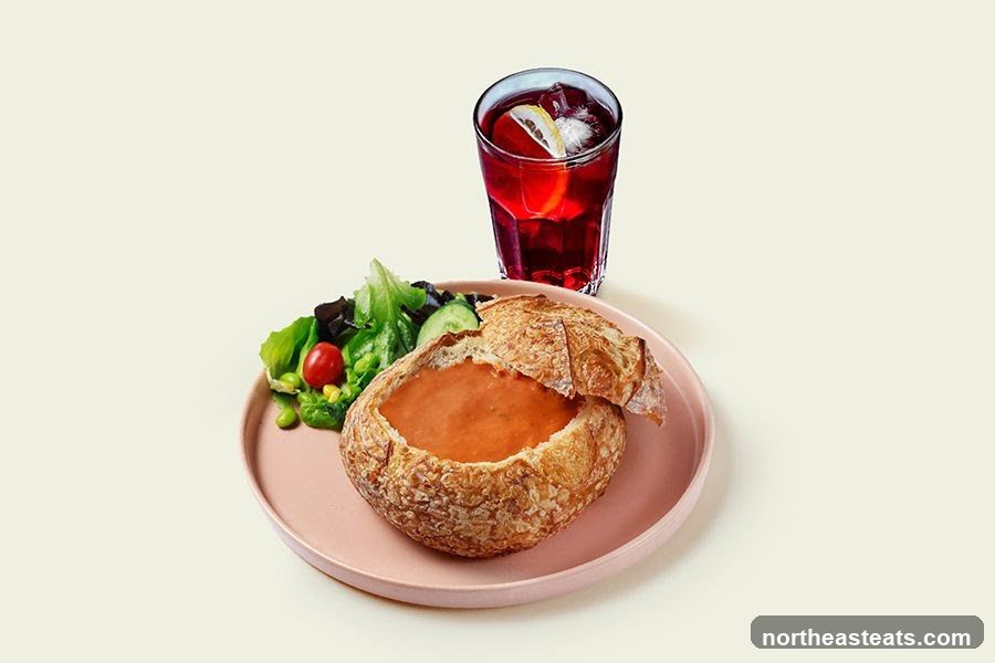 Soup in a Bread Bowl with Salad and Drink