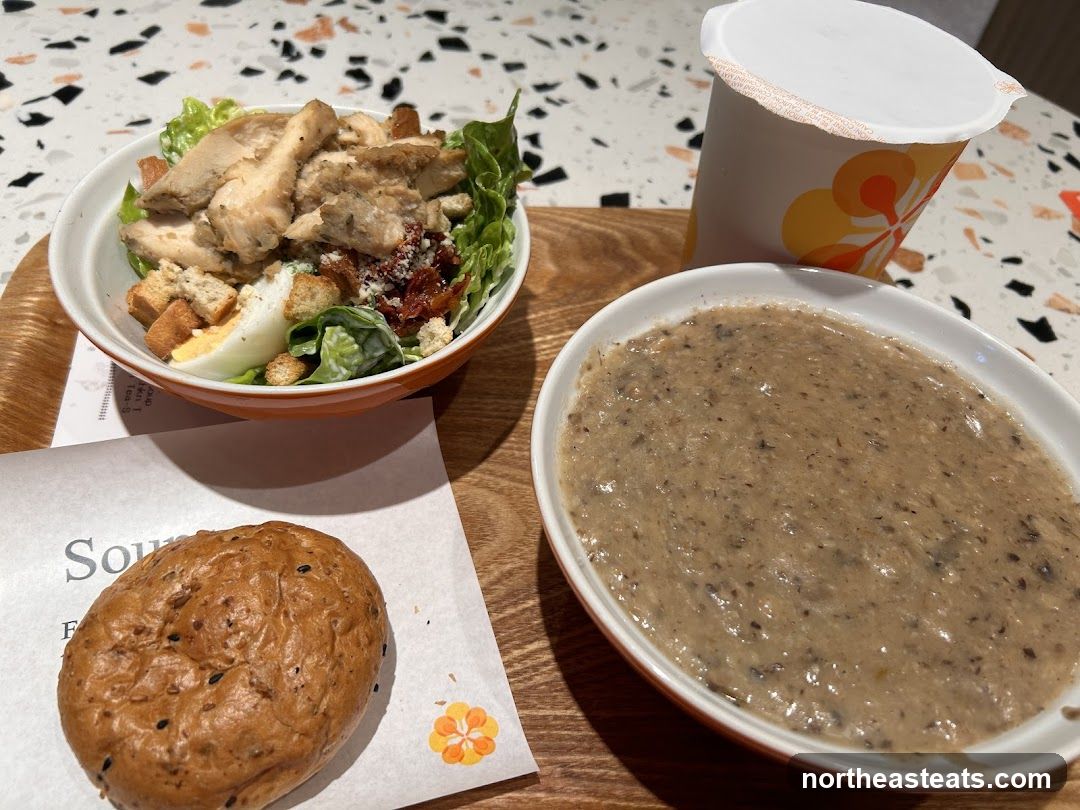 Meal with Salad, Soup, Bread, and Drink