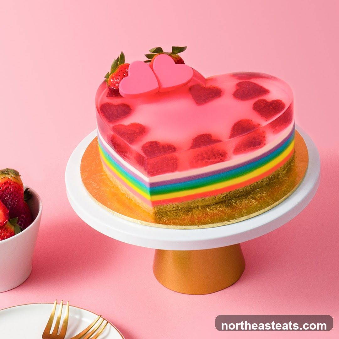 Heart-shaped rainbow jelly cake with strawberries