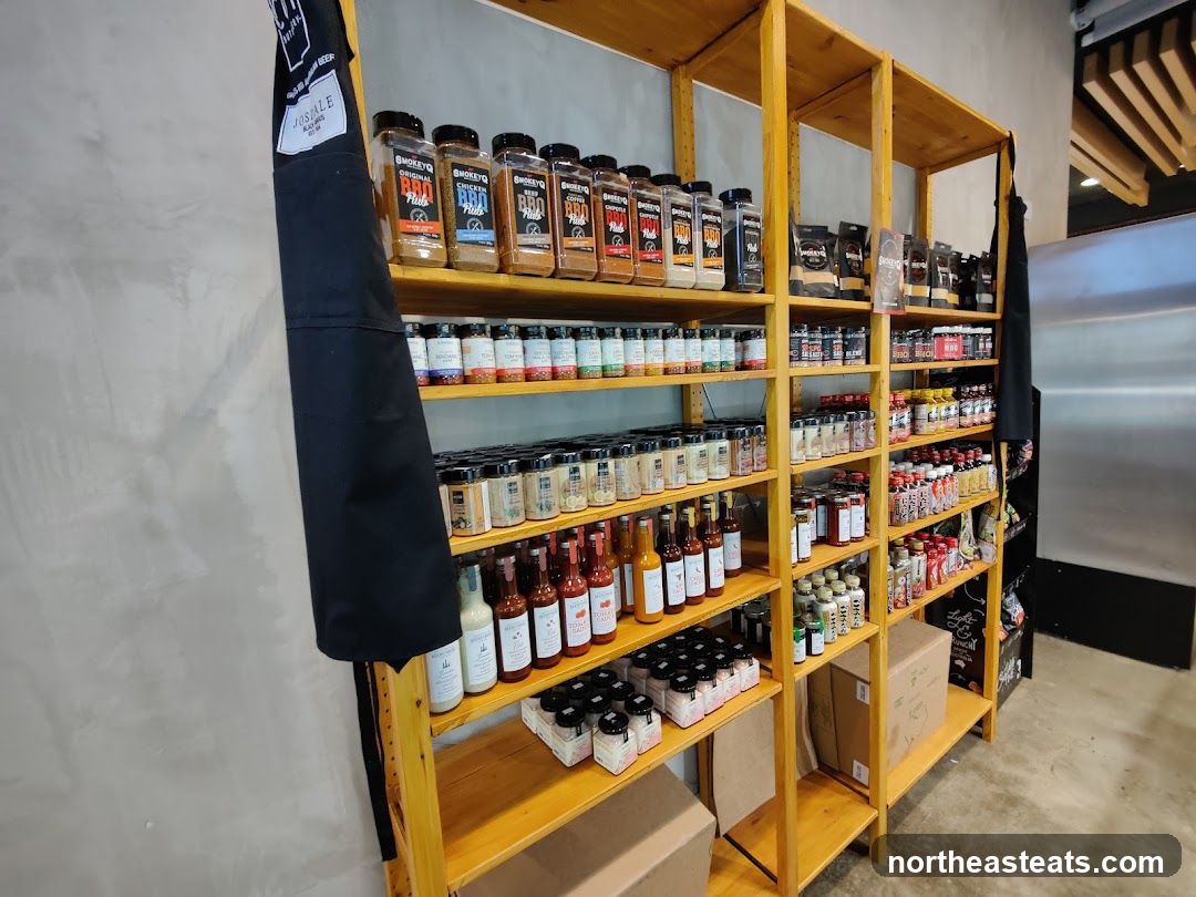 Shelves stocked with spices and sauces