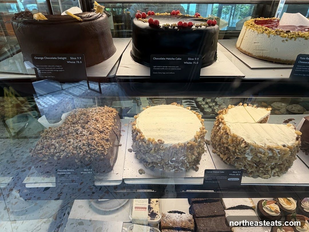 Cakes in a display case