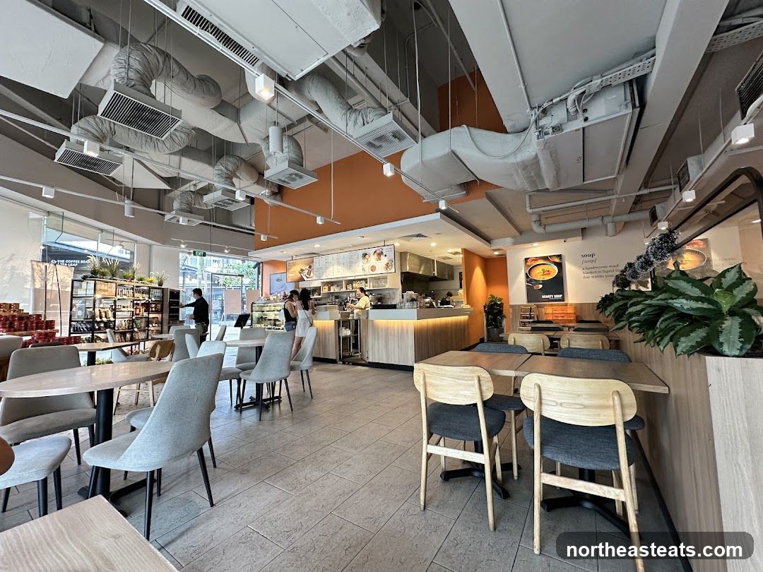Interior of a cafe with seating and counter