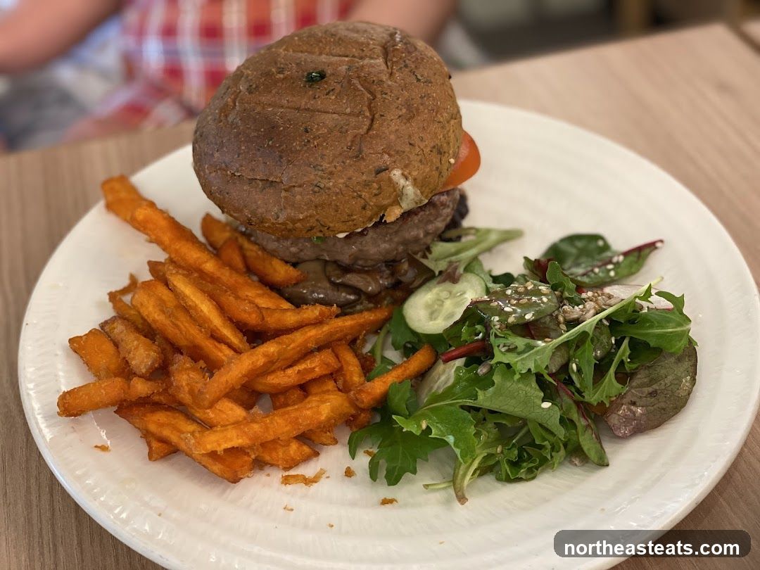 Burger with Sweet Potato Fries and Salad