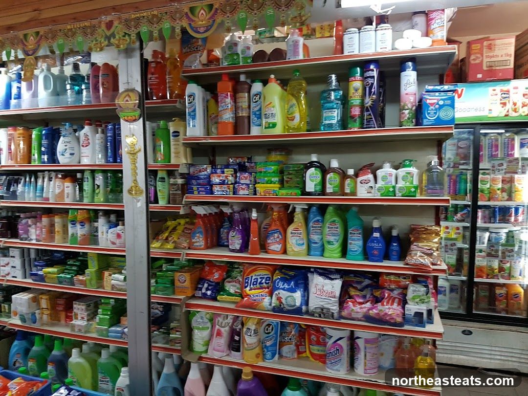 Shelves stocked with cleaning supplies and toiletries