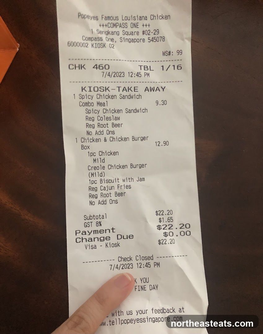Popeyes Famous Louisiana Chicken Receipt