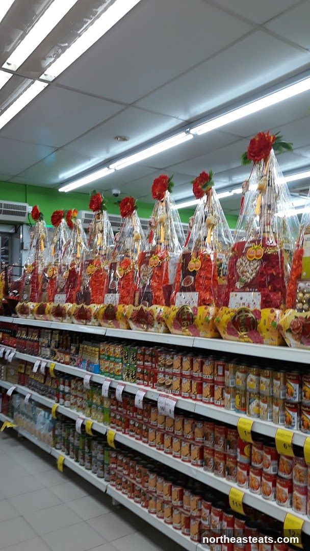 Gift Baskets and Canned Goods on Shelves