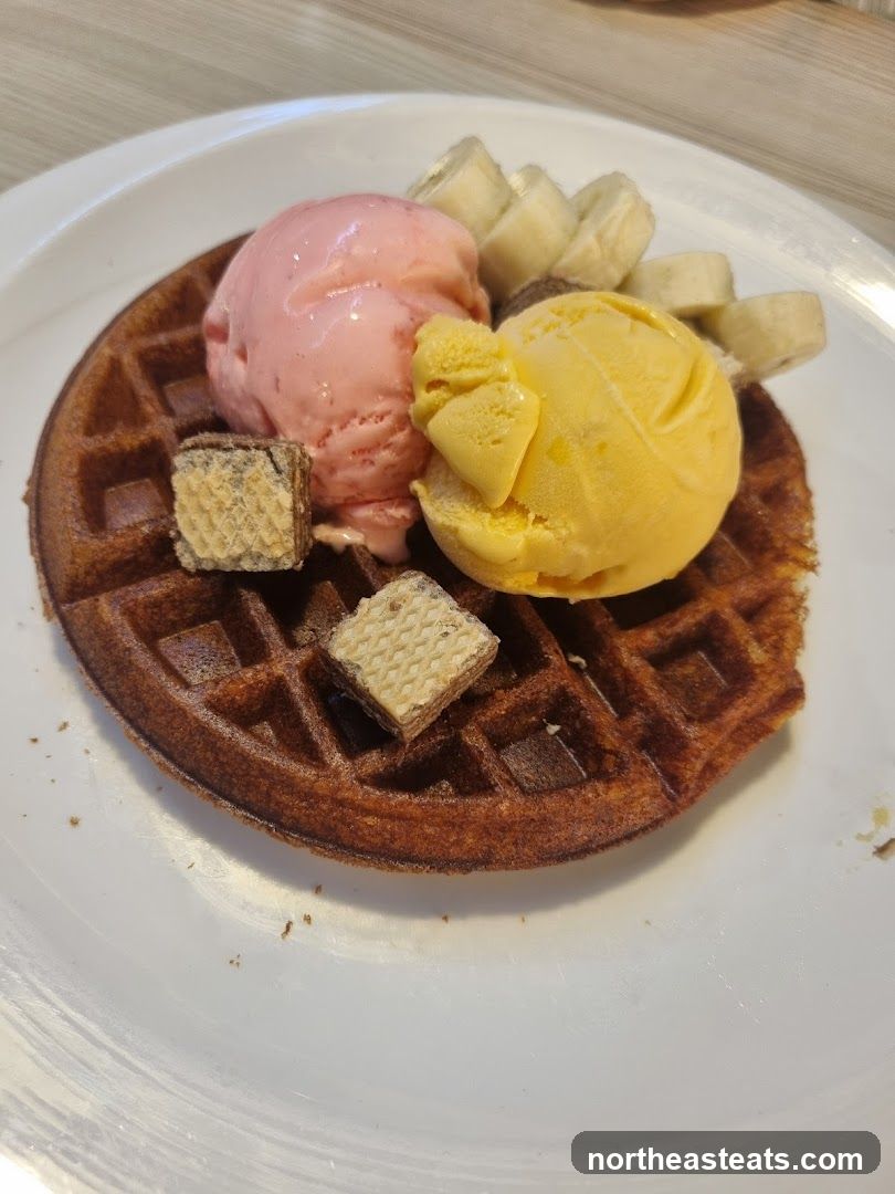 Waffle with Ice Cream and Banana Slices