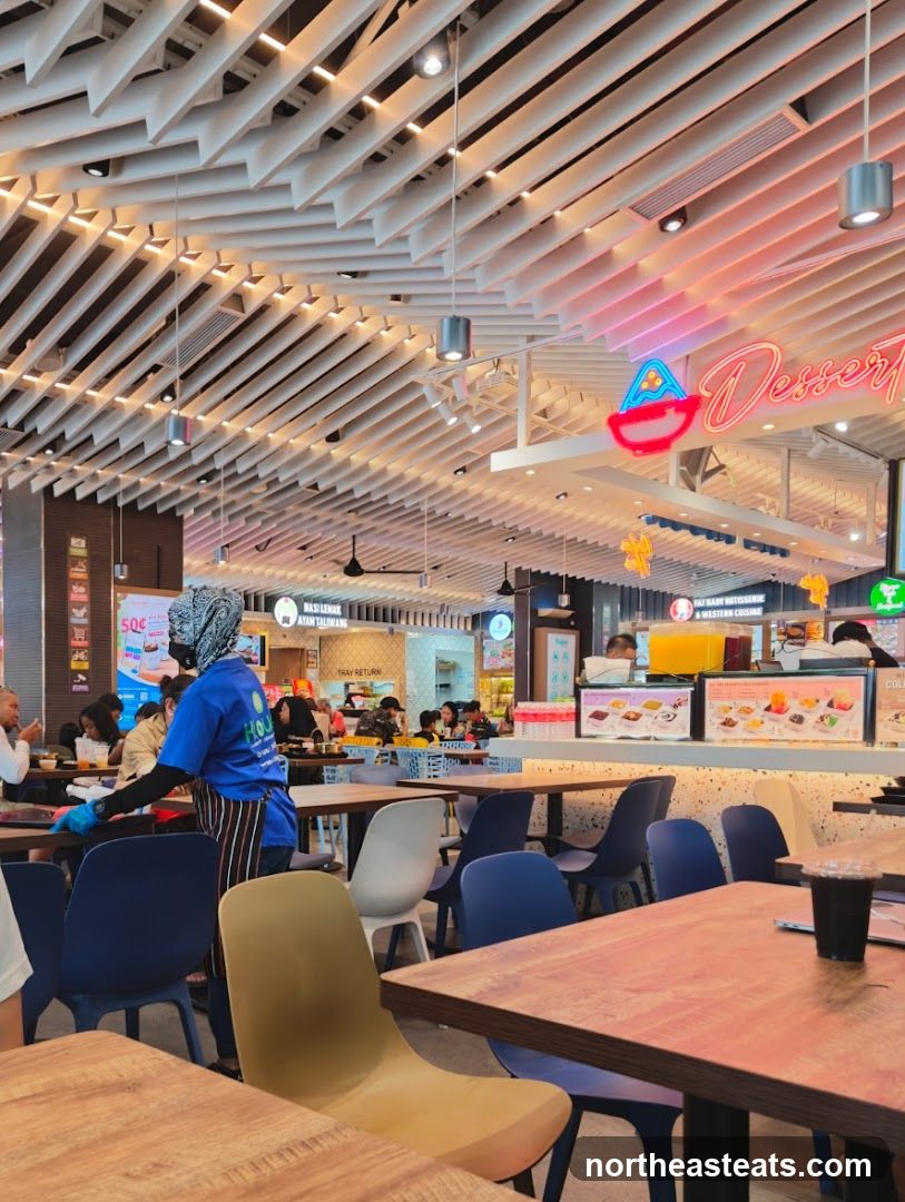 Food court interior with diners and staff