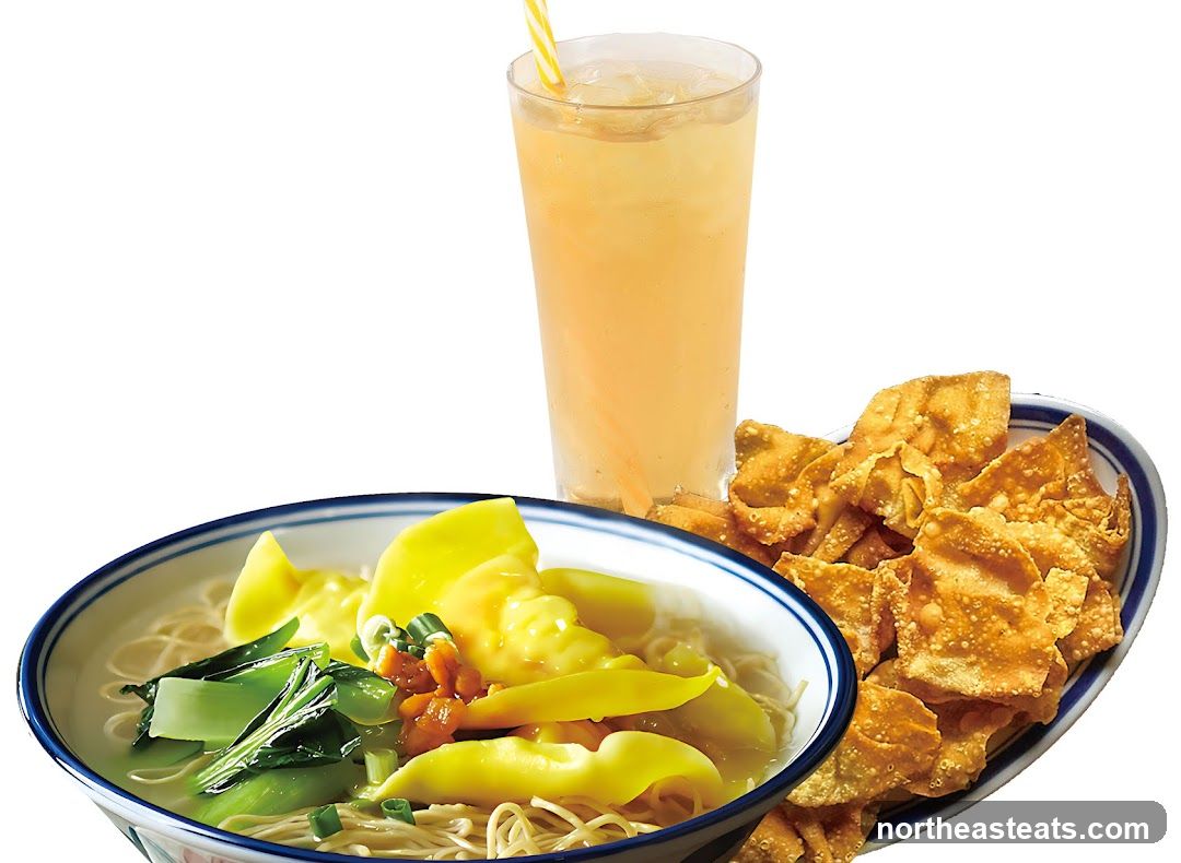 Wonton Noodle Soup with Fried Wontons and Drink