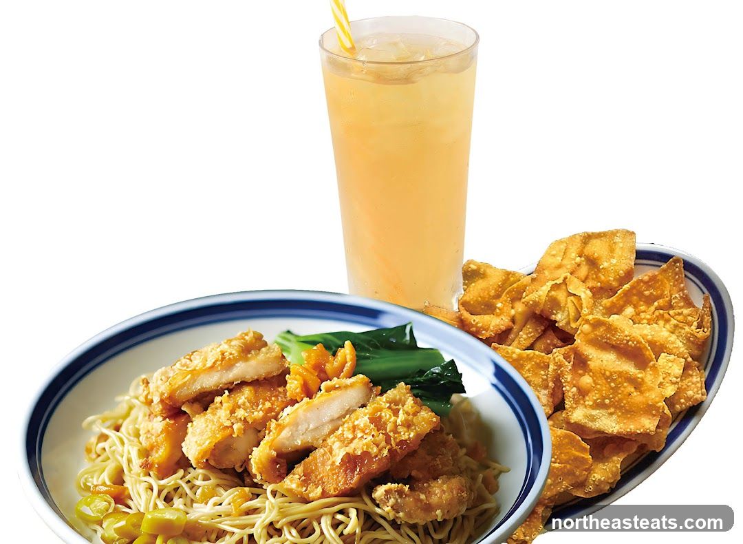 Fried Chicken Noodles with Wonton Chips and Drink
