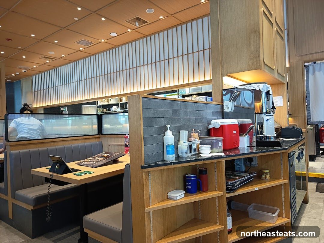 Restaurant Interior with Booth Seating and Service Counter
