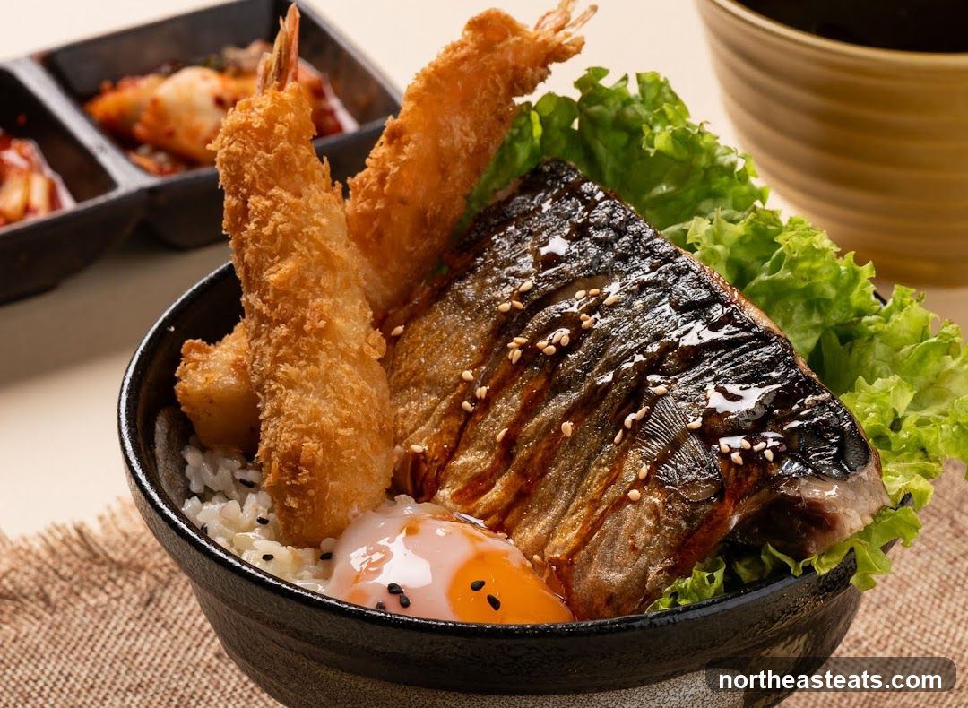 Japanese Rice Bowl with Fried Shrimp and Grilled Fish