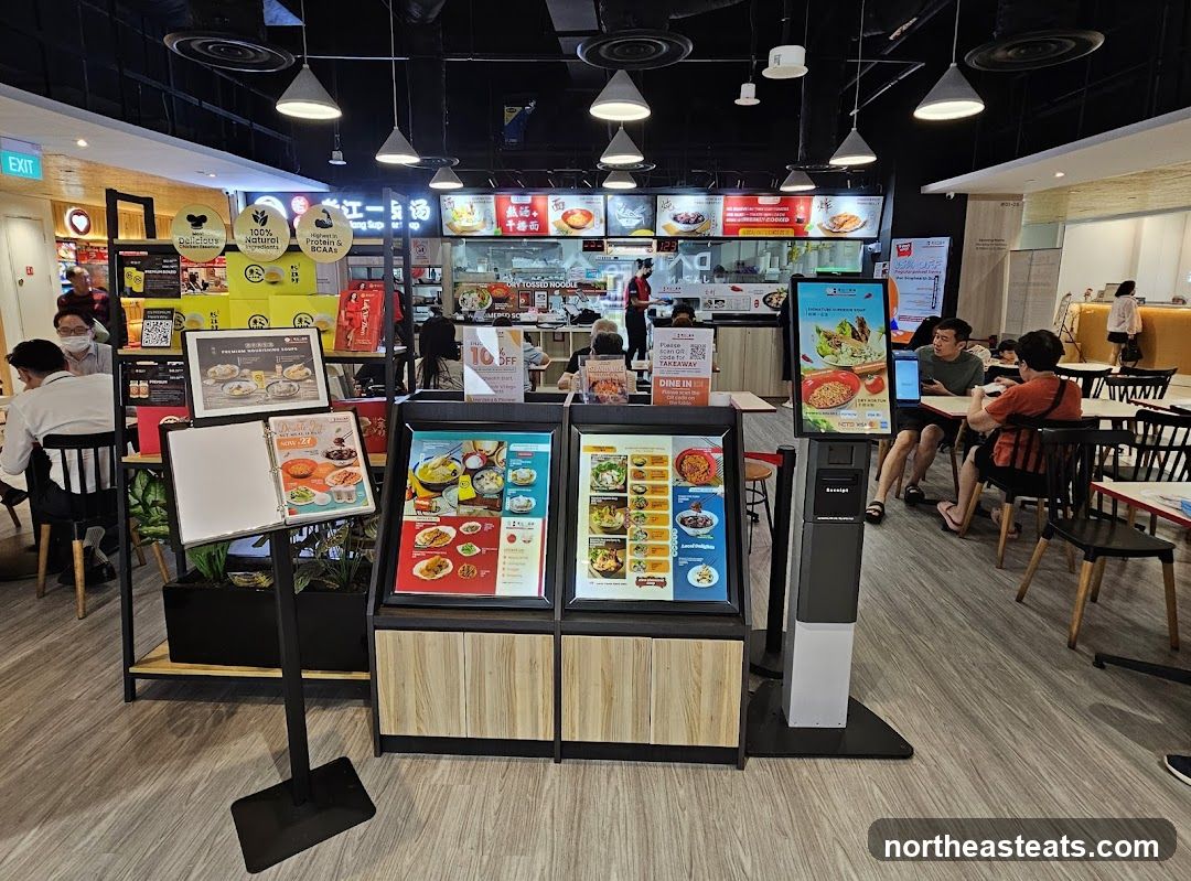 Food court with dining areas and menus