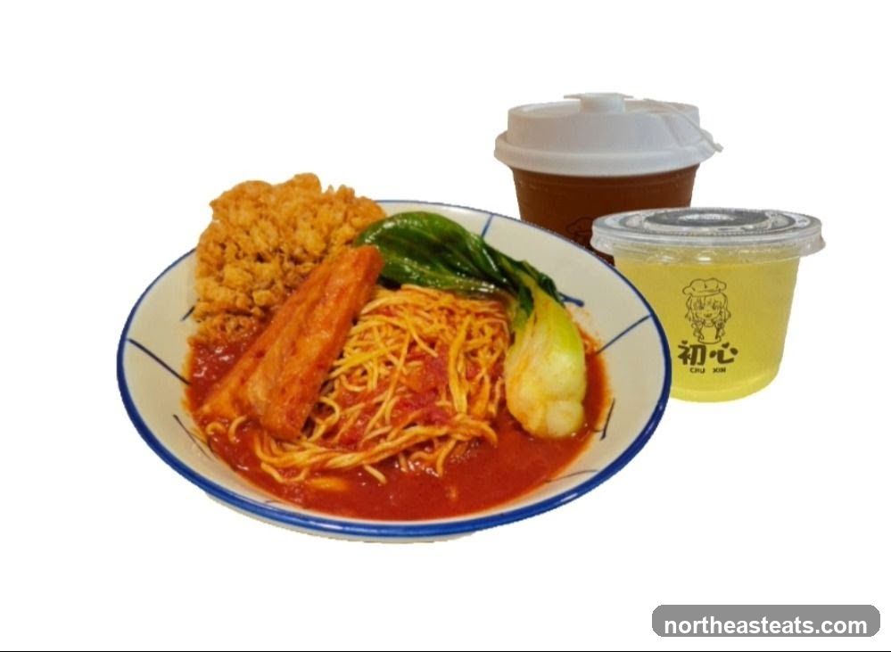Noodles with Fried Chicken and Drinks