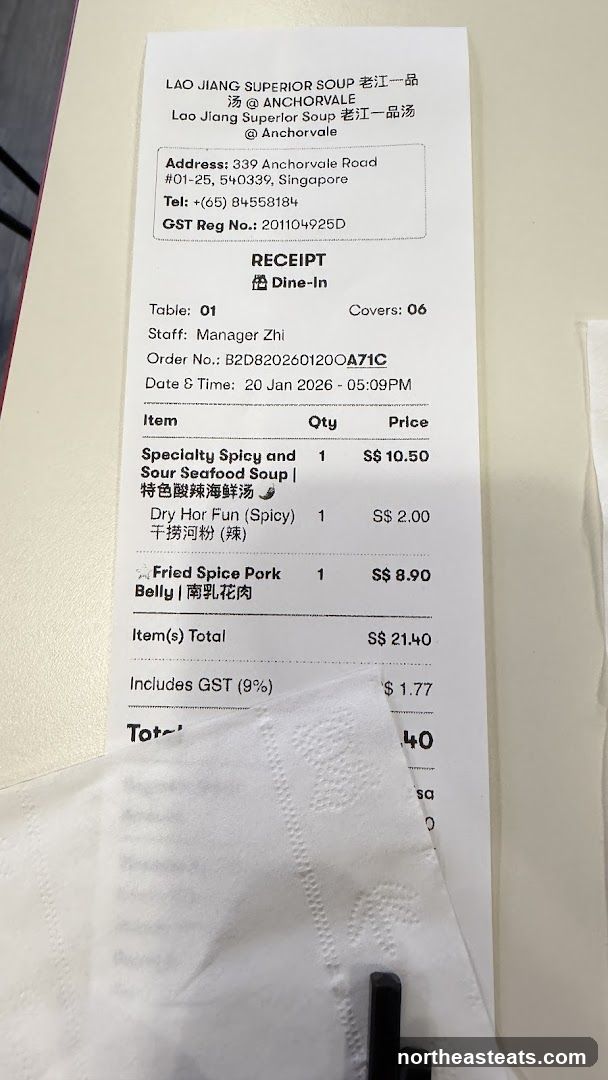 Receipt from Lao Jiang Superior Soup