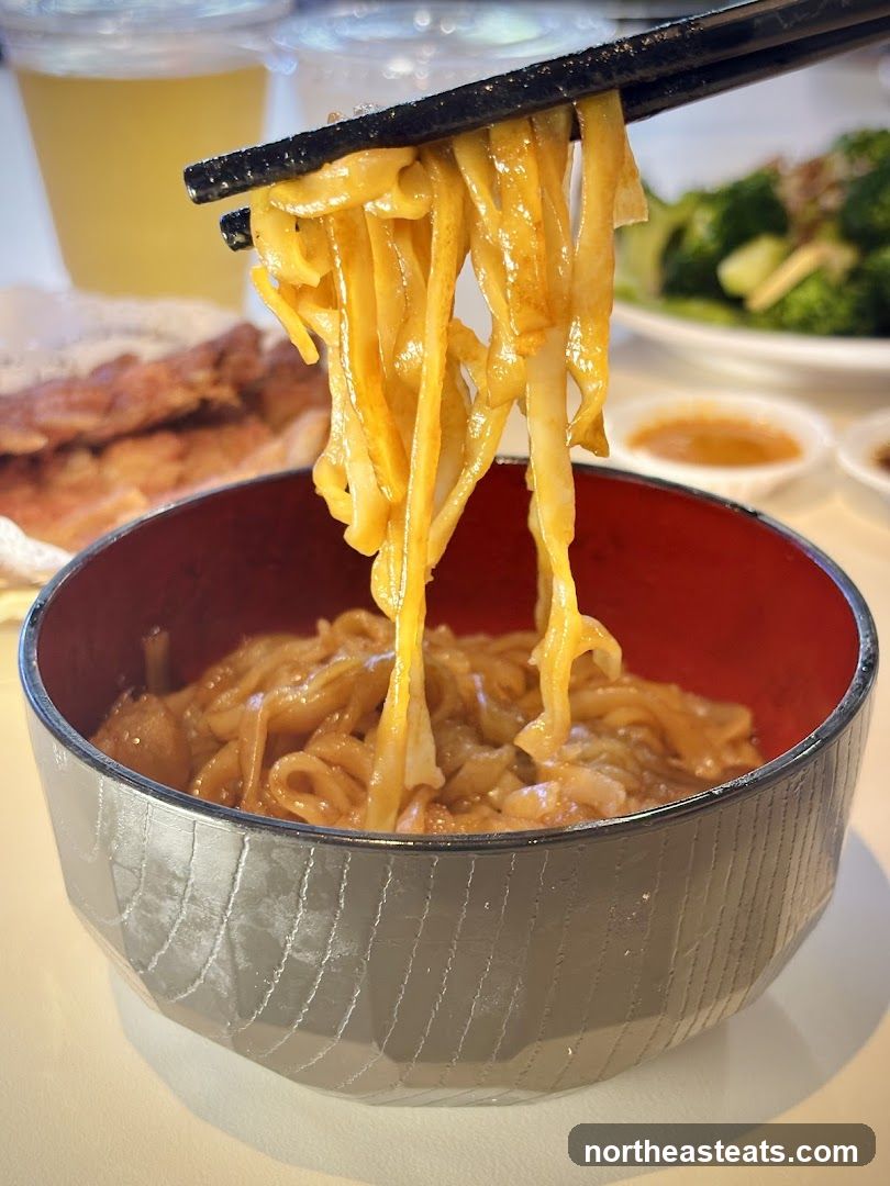 Noodles being lifted with chopsticks