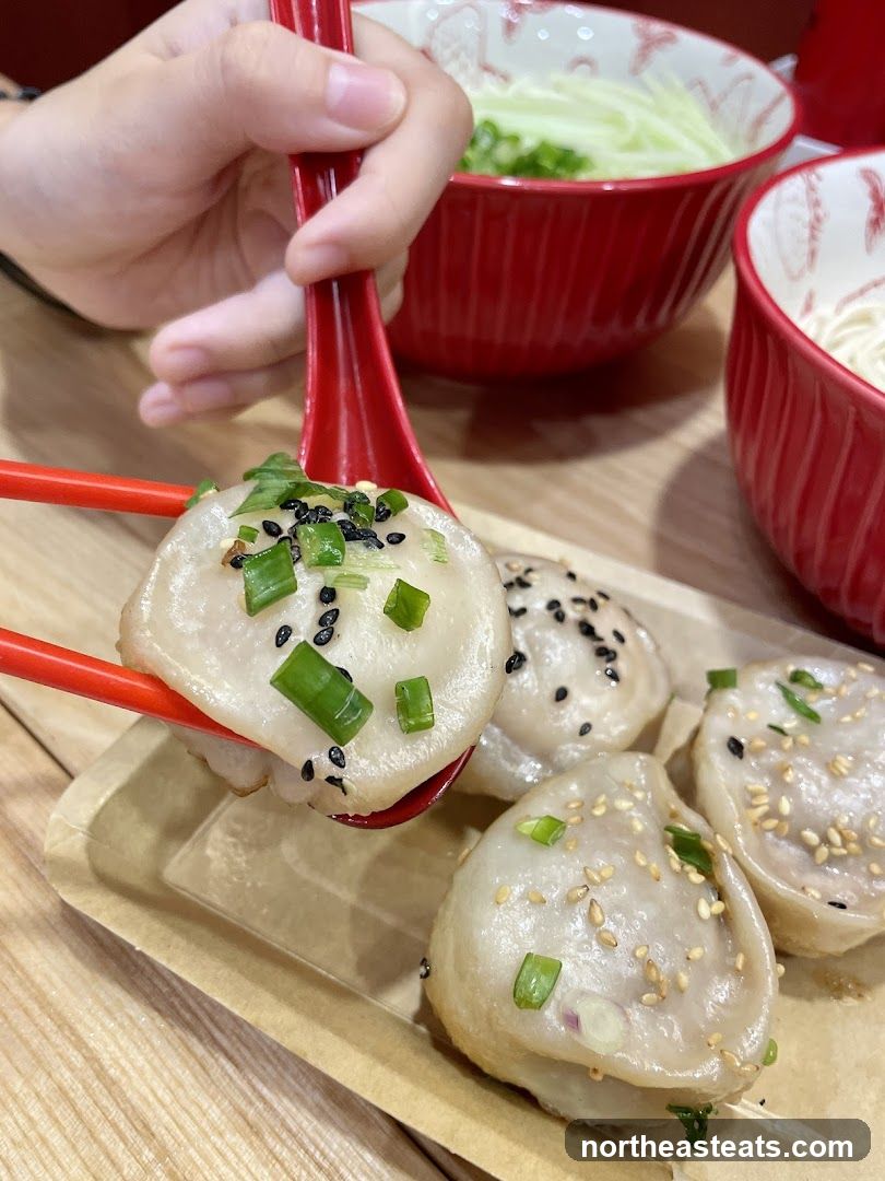 Pan-fried dumplings with scallions and sesame seeds