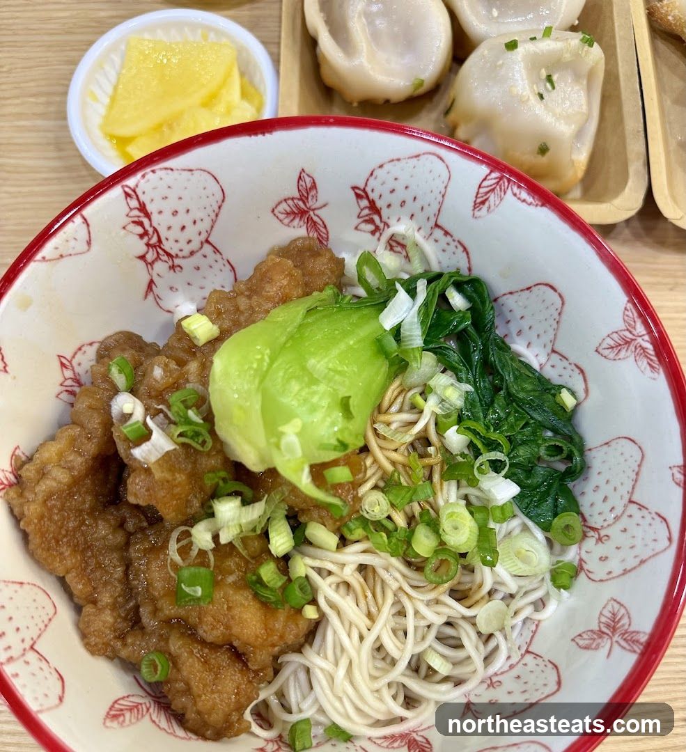 Noodle Bowl with Fried Meat and Greens