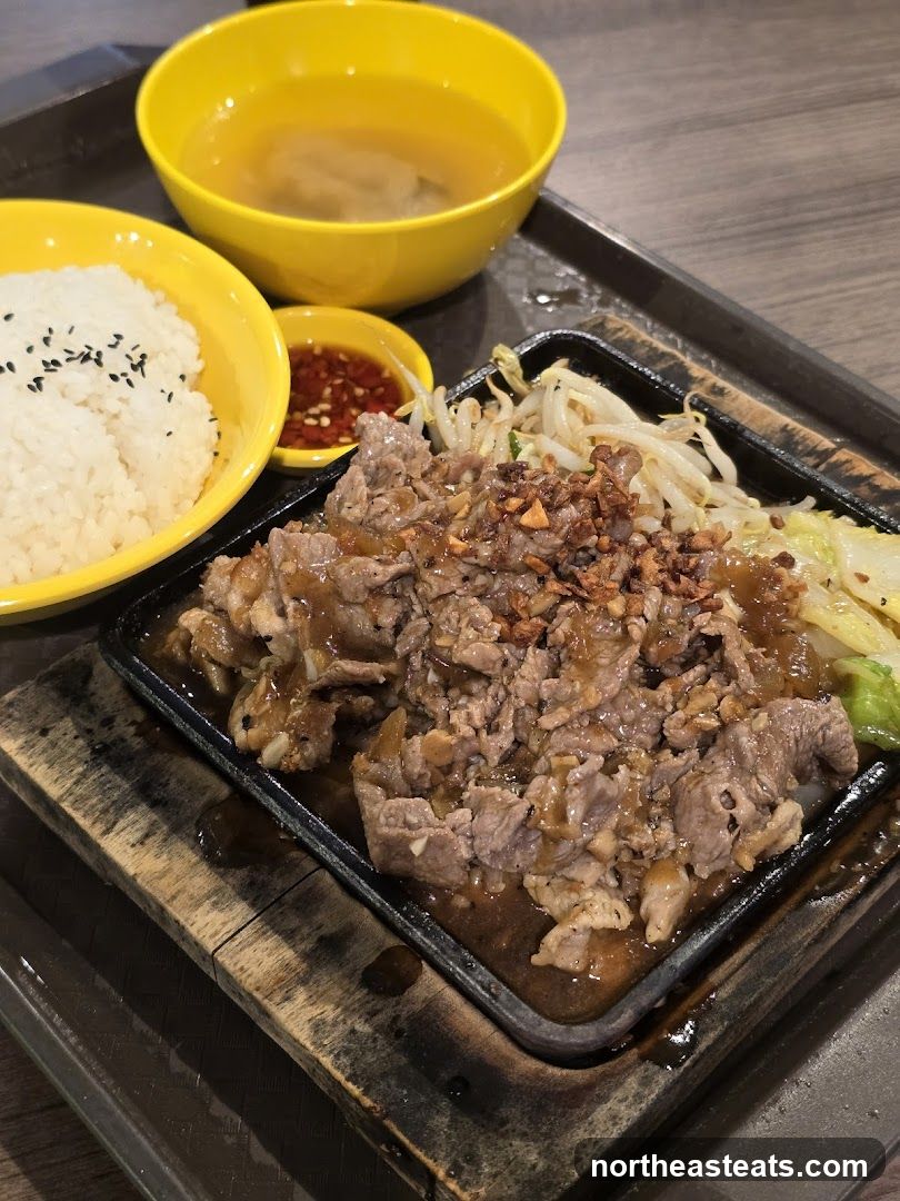 Sizzling Beef with Rice and Soup