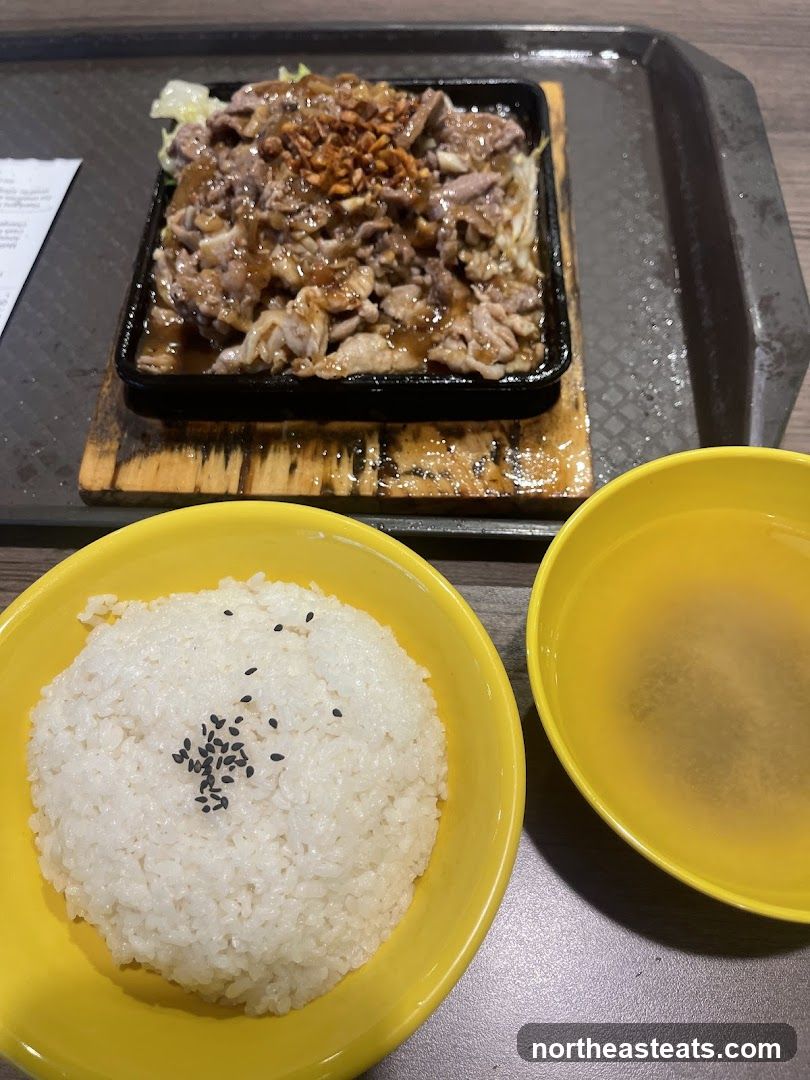Sizzling Beef with Rice and Soup
