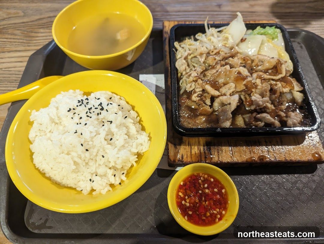 Sizzling Pork with Rice and Soup