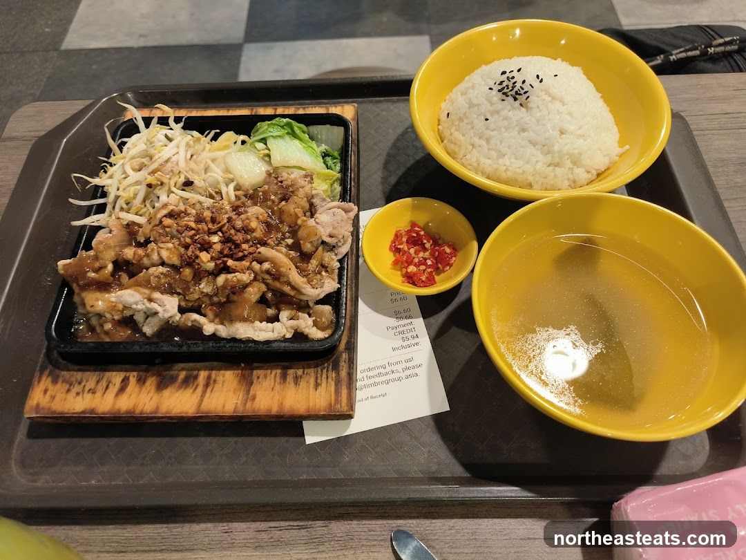 Sizzling Pork with Rice and Soup