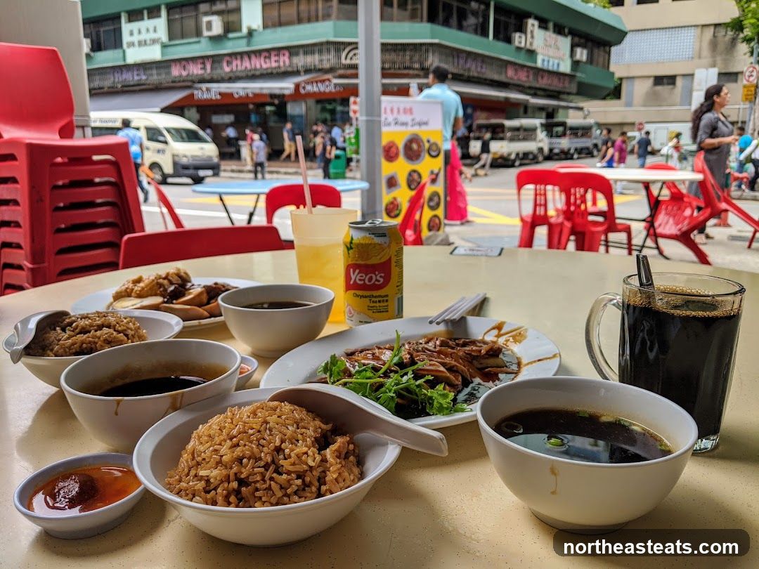 Outdoor Food Stall with Dishes and Drinks