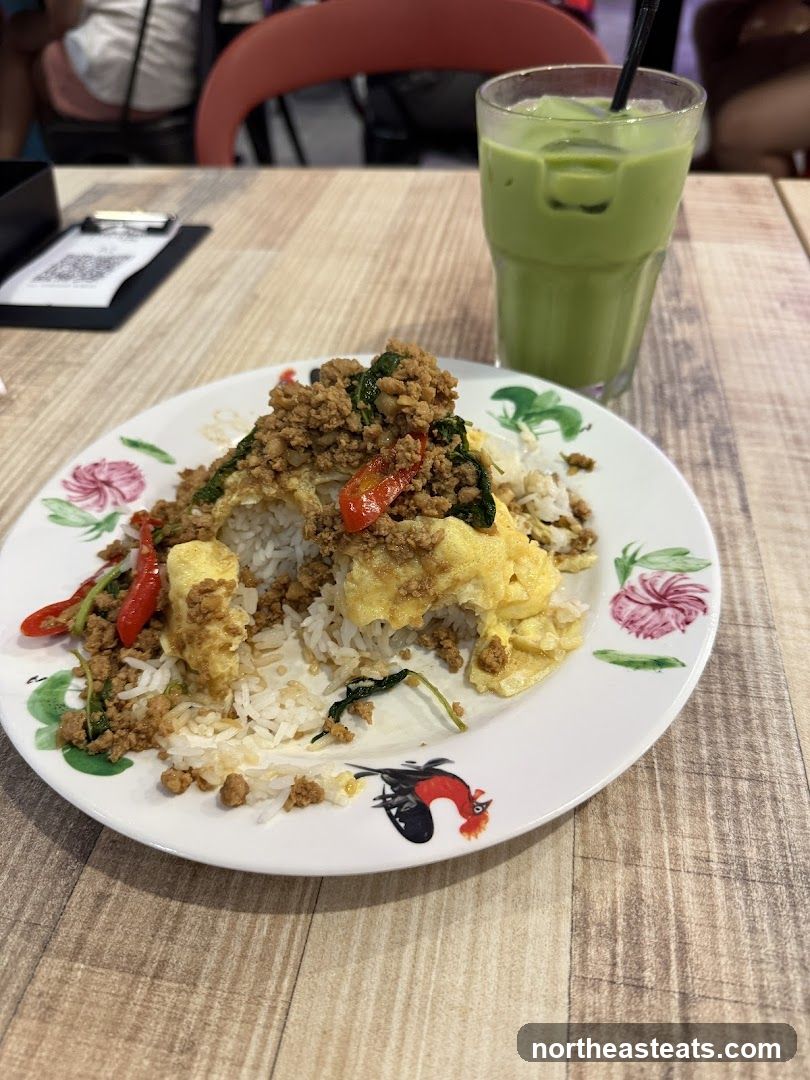 Thai Basil Stir-fry with Rice and Green Milk Tea