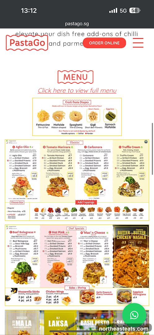 PastaGo Menu