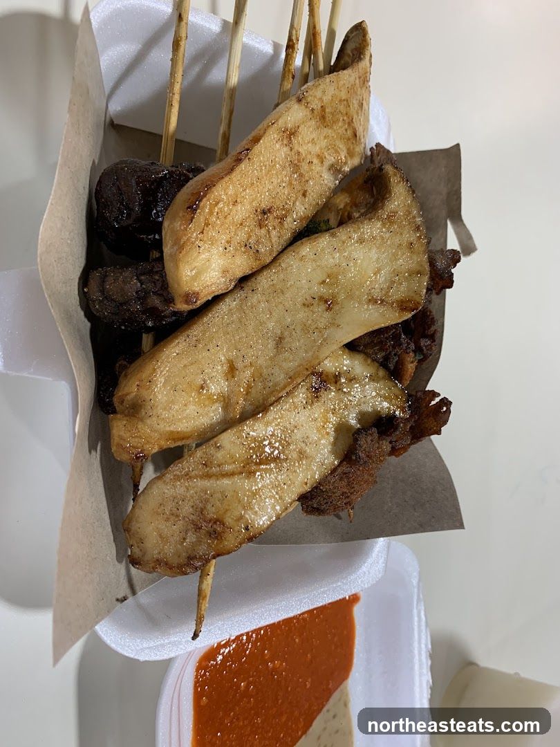 Skewered Mushrooms and Meat with Sauce