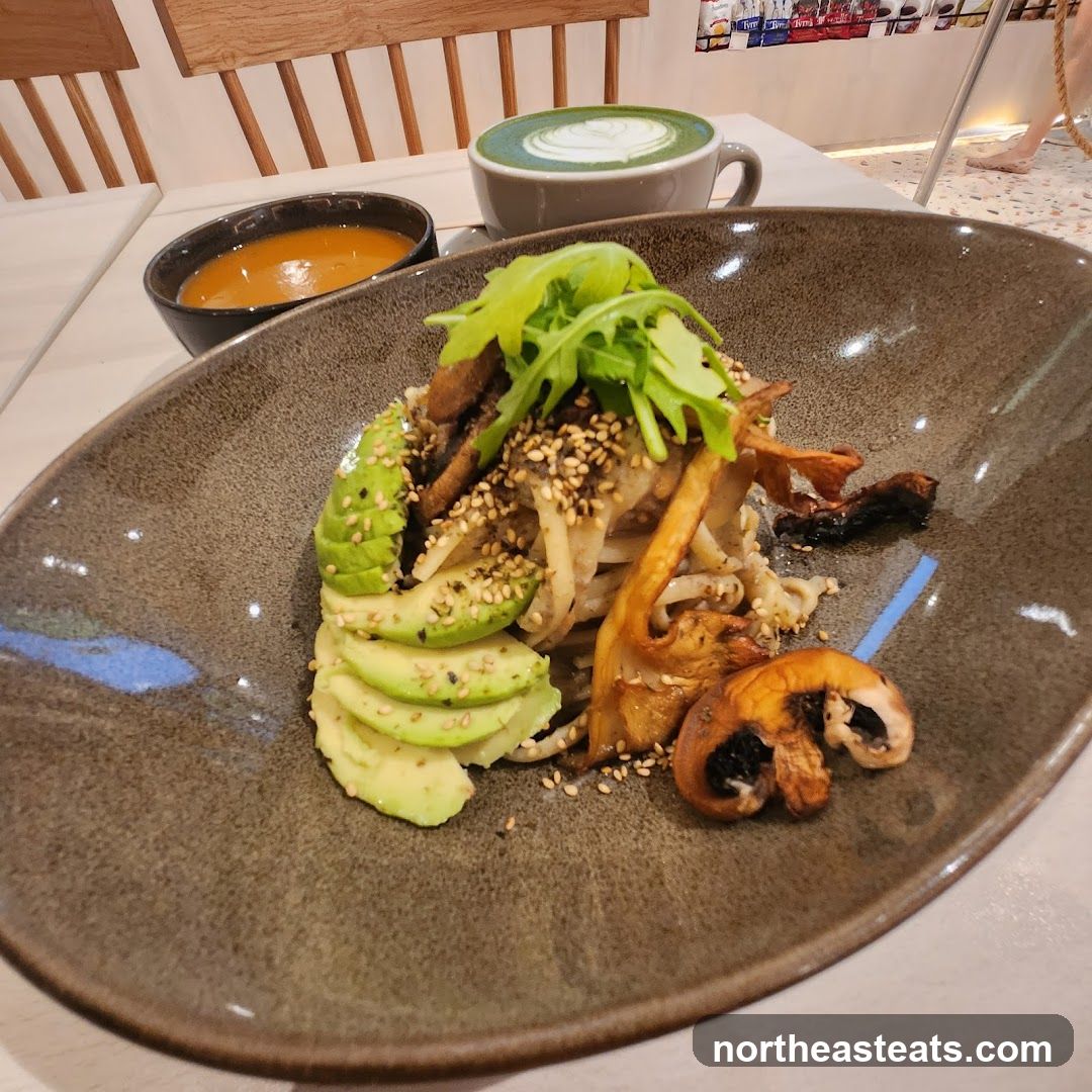 Avocado and Mushroom Dish with Matcha Latte