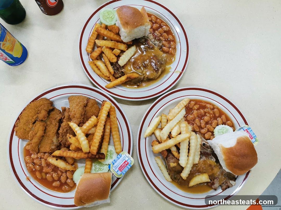 Three plates of Western-style food