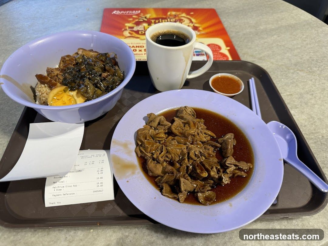 Food Tray with Rice, Braised Meat, and Coffee
