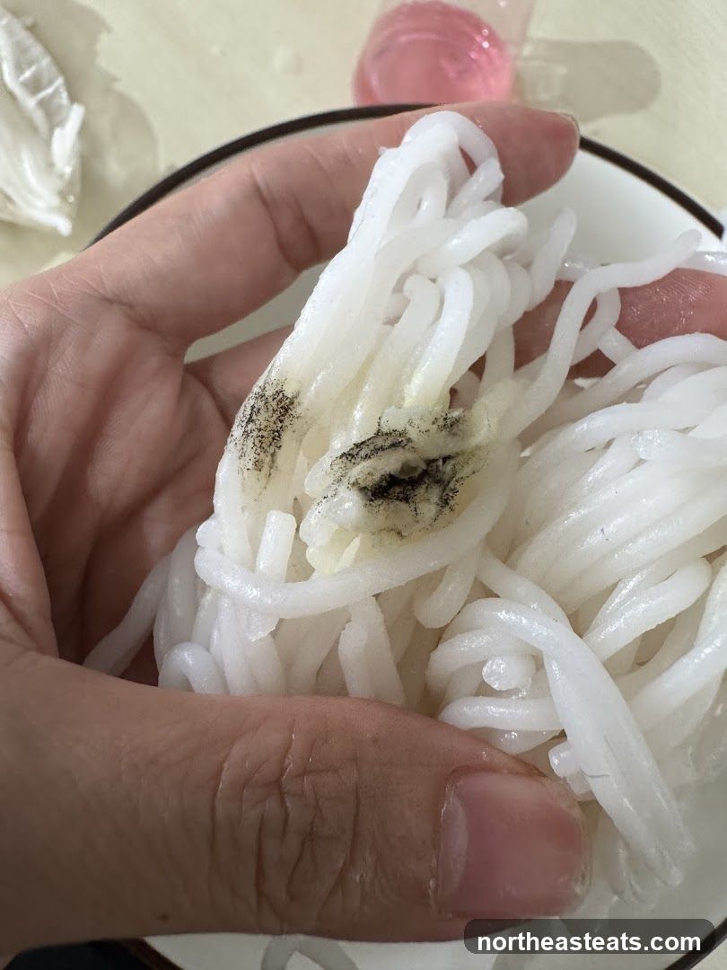 Noodles with black specks