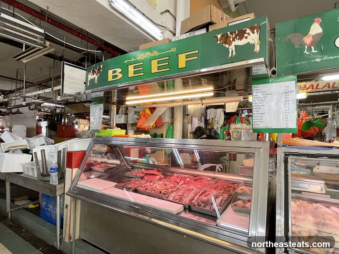 Butcher stall with beef and chicken