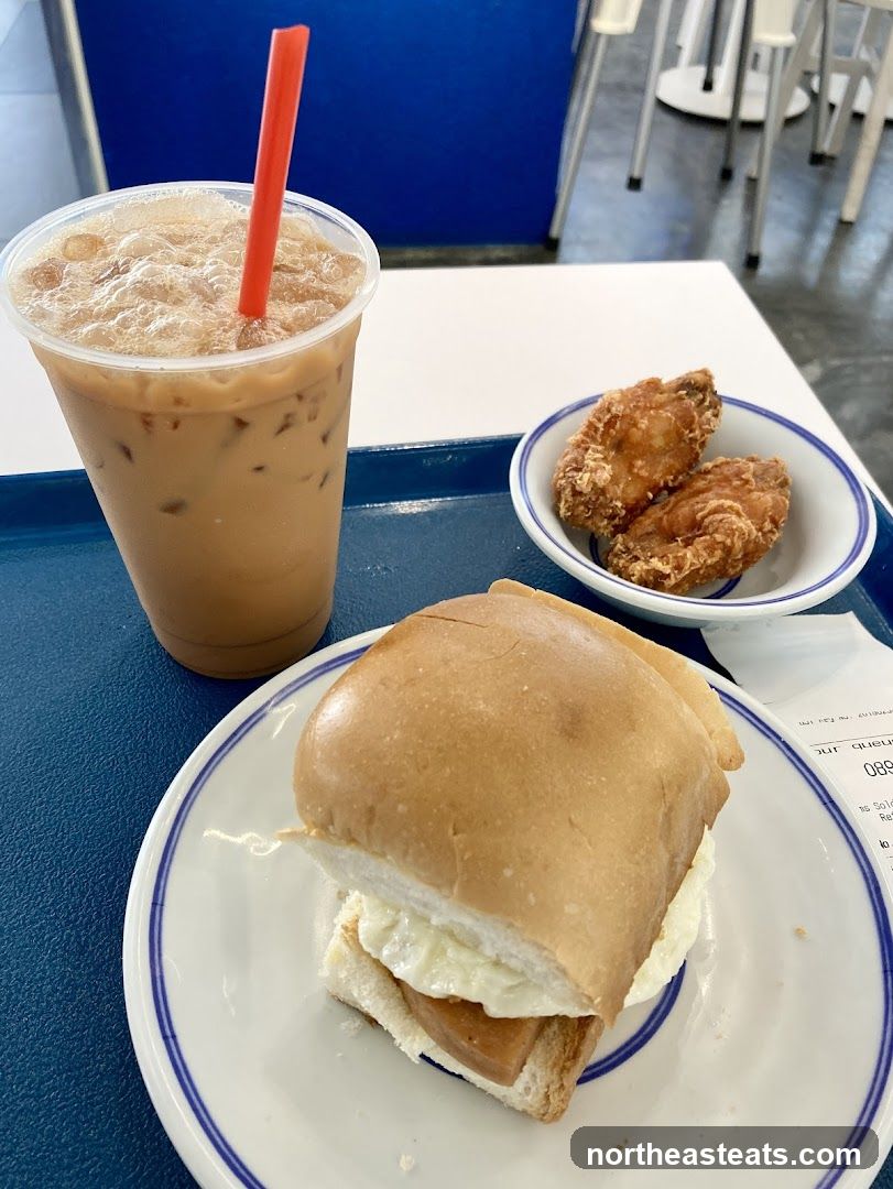 Iced Coffee, Spam and Egg Sandwich, and Fried Chicken Wings