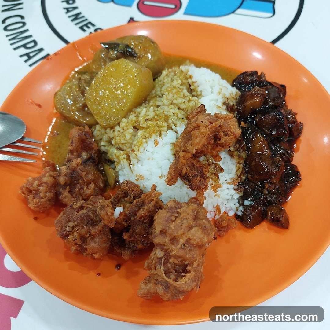 Rice plate with fried chicken and curry
