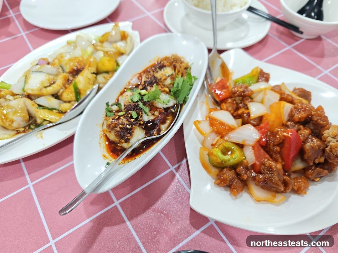 Three dishes of food on a table