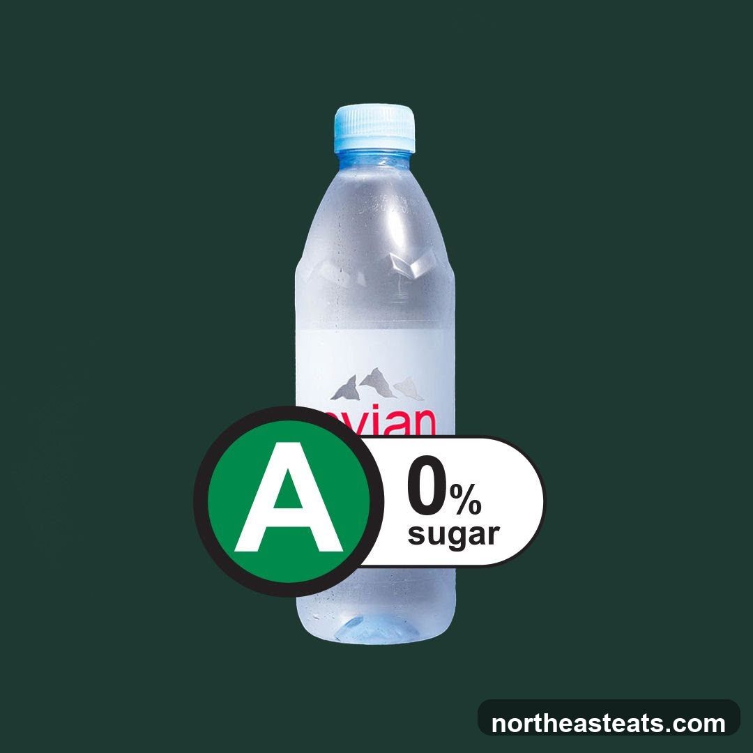 Evian water bottle with 0% sugar label