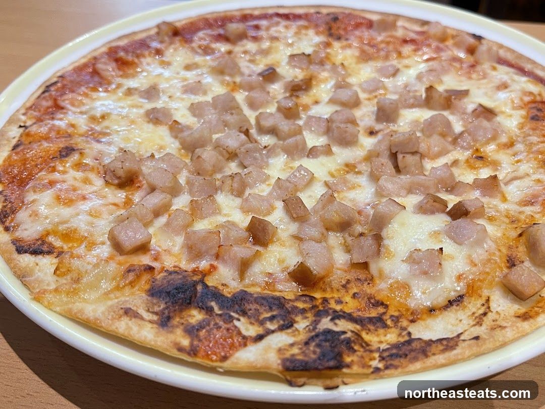 Pizza with diced meat and cheese
