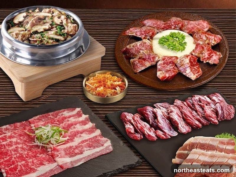 Assortment of Raw Meats and a Dish of Mushrooms